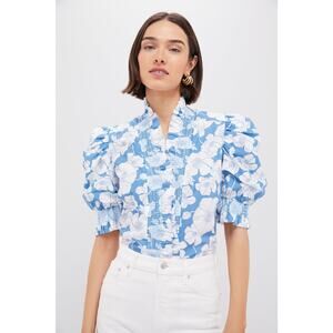 ENGLISH FACTORY Blue Floral Ruffle Neck Aria Blouse Size S NWT
